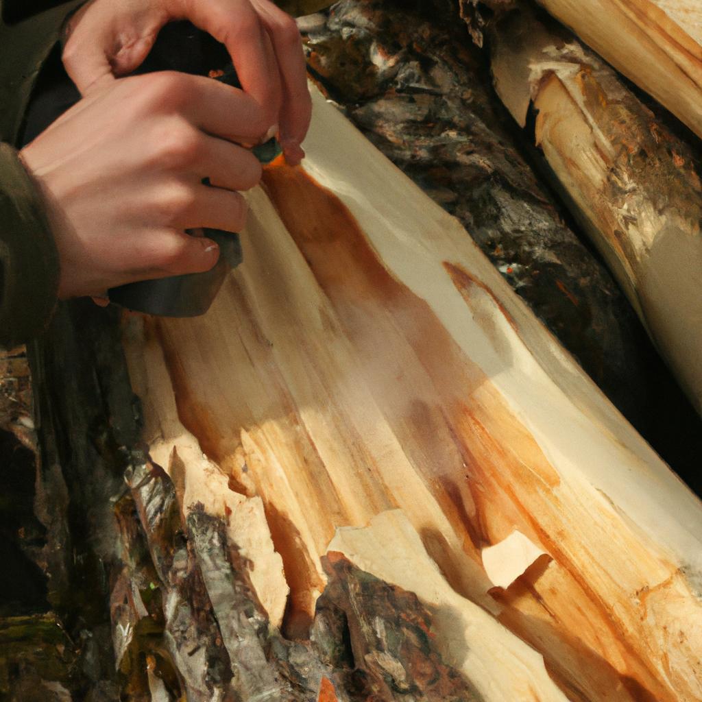 Person treating wood with bark