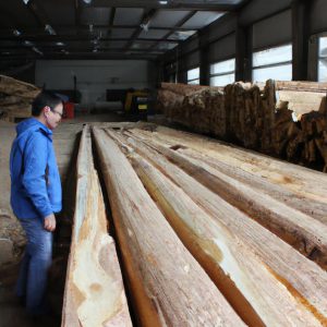 Person inspecting wood at sawmill