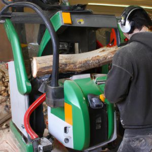 Person operating wood trimming machine