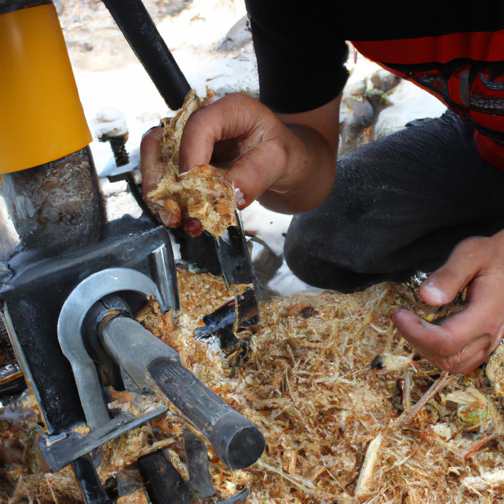 Person handling wood chips equipment