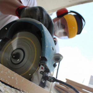Person wearing protective gear sawing
